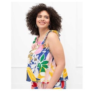 Eloquii Colorful Linen Smocked Tie Shoulder Crop Top